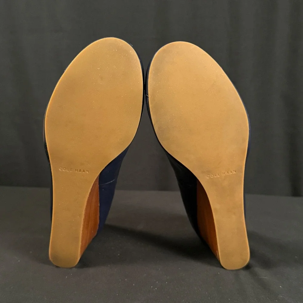 Cole Haan Adair Navy Blue Leather Bow Wedge Pumps Shoes Grand.OS W13162 Women 9B